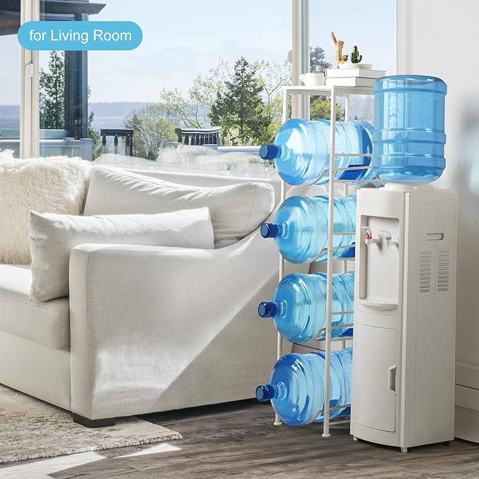 Vrisa 5 Gallon Water Jug Holder with Storage Shelf Water Bottle Holder Organizer 4 Tier 3/5 Gallon Water Jug Stand Rack Heavy Duty Water Dispenser Rack for Home Office Kitchen, White