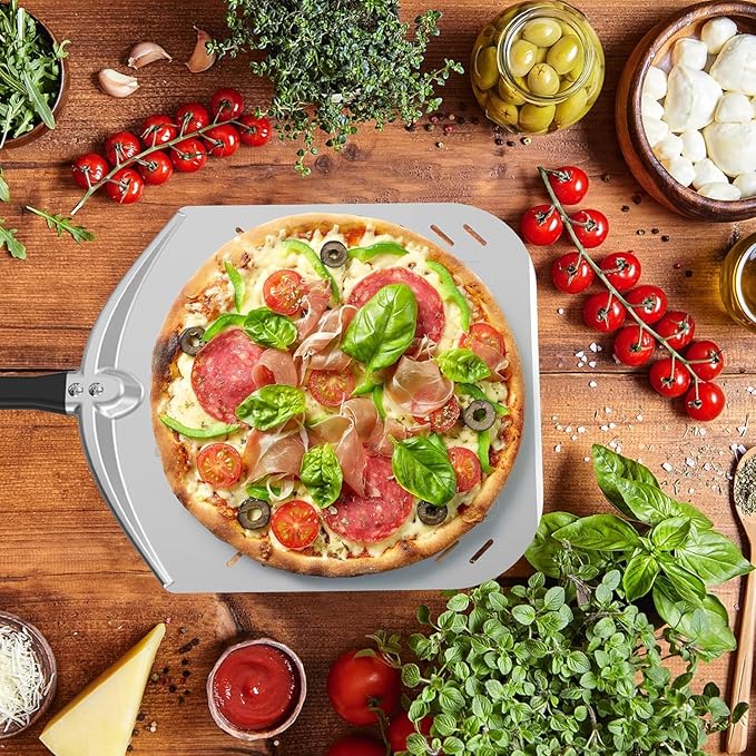 Aluminum Perforated Pizza Peel, Professional 12 x 14 Inch Pizza Spatula Turning Shovel for Baking Bread & Pie, Pizza Paddle for Oven and Grill