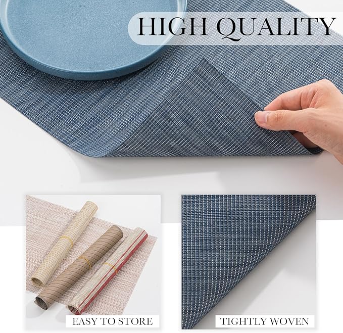 BACKTOEDEN Placemats Set of 6 Heat Resistant Washable Wipeable Placemat Woven Non-Slip Foldable Vinyl/Plastic Place Mats Indoor/Outdoor Mat Kitchen Dining Table Pad, Blue Silver Line