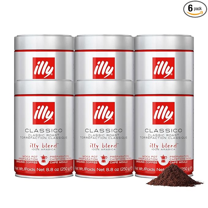Illy Ground Moka Coffee - Classico Medium Roast - Mild & Balanced - 100% Arabica - Pre-Ground for Moka Pot - Pressurized Packaging Sealed for Freshness - 8.8oz (Pack of 6)