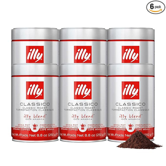 Illy Ground Moka Coffee - Classico Medium Roast - Mild & Balanced - 100% Arabica - Pre-Ground for Moka Pot - Pressurized Packaging Sealed for Freshness - 8.8oz (Pack of 6)