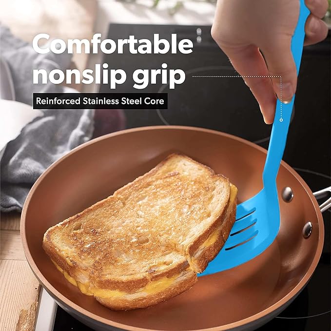 New DI ORO Silicone Turner Spatula Set - Kitchen Spatulas for Nonstick Cookware - Cooking Utensils for Flipping Eggs & Pancakes - 600°F Heat-Resistant BPA Free Turners - Dishwasher Safe (4pc, Blue)