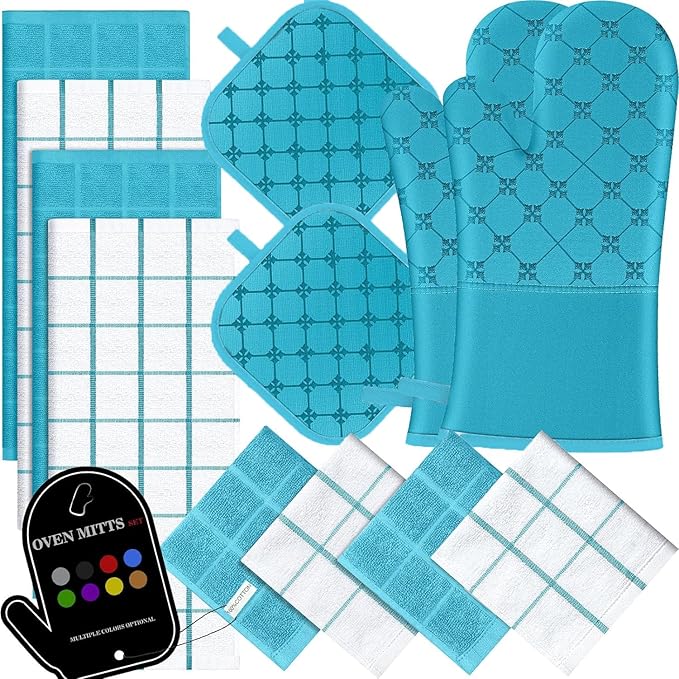 Oven Mitts Kitchen Towels Dishcloths with Pot Holders Sets 12PCS, Dish Towels Sets, Oven Gloves Pot Pads Heat Resistant 500 Degrees with Non-Slip Silicone Surface for Cooking Baking Grilling (Blue)