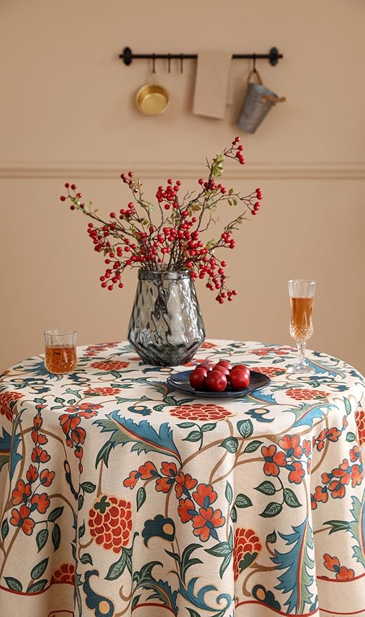 patdrea Designer Floral Linen Table Cloth Durable Breathable Tabletop Cover Dacorative Kitchen Dining Tablecloth for Round Tables for Kitchen Dining Parties,Holiday Christmas,Diameter 55"