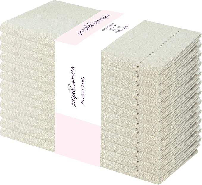 PurpleEssences Set of 12 Hemstitch Cloth Dinner Napkins 100% Cotton - Soft Durable Washable - Ideal for Wedding Christmas Holiday Winter - Perfect Everyday Use Table Linen 18x18 - Royal Linen