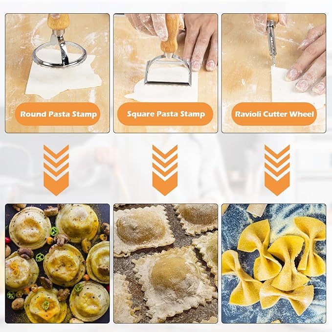 3 Size Pasta Making Tools, 11Pcs Wooden Pasta Making Kit with 3 Size Threaded Rolling Pins, Long Rolling Pin, Rotatable Pasta Drying Rack, Gnocchi Board, Dough Cutter, Wheel Cutter, 2 Stamps