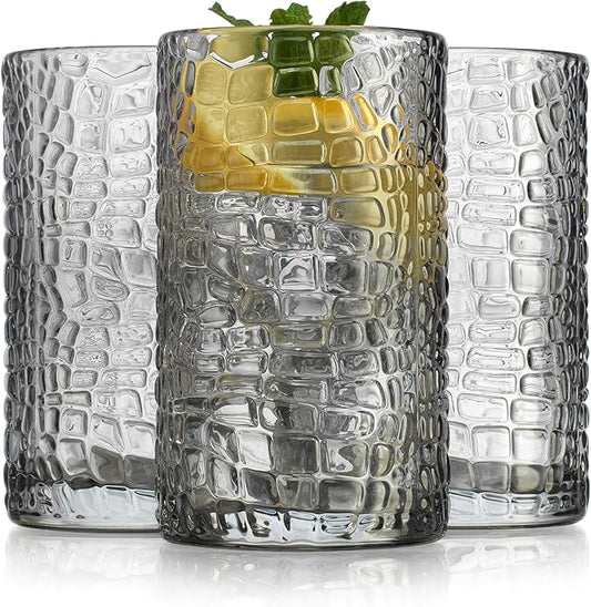 Glaver's Highball Glasses Set of 4 Smoke Drinking Glasses, 15 Ounce Crackle Textured Newly Designed Patent Glassware Heavy Bar Home Party Decor Black Kitchen Glasses, Water Juice Cocktails
