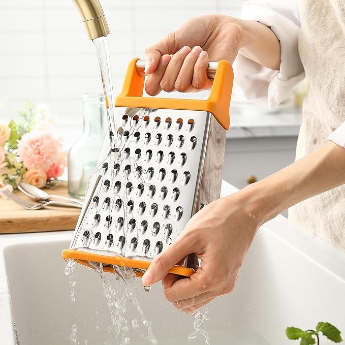 Spring Chef Handheld Stainless Steel XL Parmesan Cheese Grater with Handle - 4 Sided Manual Box Grater for Kitchen - Dishwasher Safe Cheese Shredder for Carrot, Potato, Vegetables, Hash Brown - Mango