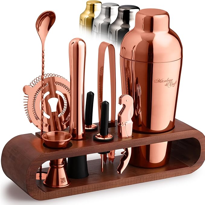 Mixology & Craft Bartender Kit: 10-Piece Cocktail Shaker Set with Dark Bamboo Stand | Complete at Home Bar Set with Bar Accessories | Great Housewarming Gift | Leak-Proof Design (Copper)