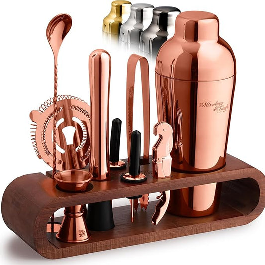 Mixology & Craft Bartender Kit: 10-Piece Cocktail Shaker Set with Dark Bamboo Stand | Complete at Home Bar Set with Bar Accessories | Great Housewarming Gift | Leak-Proof Design (Copper)