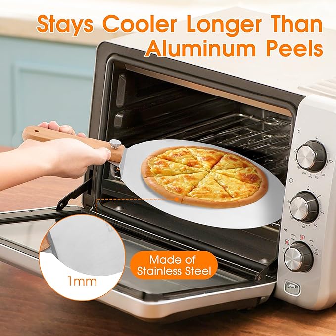 12 inch Stainless Pizza Peel for Large Oven, Pizza Spatula with Foldable Wood Handle for Indoor & Outdoor Pizza Oven Baking, Turing Peel for Pizza, Dough, Bread Pastry