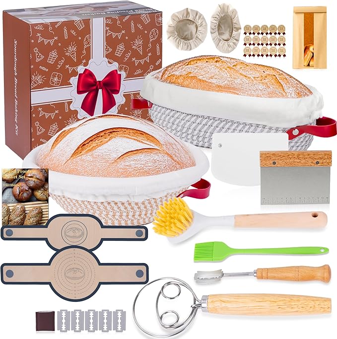 Sourdough Bread Baking Supplies, Banneton Bread Proofing Basket 9" Round & 10" Oval, Sourdough Starter Kit with Bread Sling, Lame, Danish Whisk