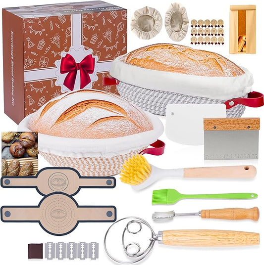 Sourdough Bread Baking Supplies, Banneton Bread Proofing Basket 9" Round & 10" Oval, Sourdough Starter Kit with Bread Sling, Lame, Danish Whisk