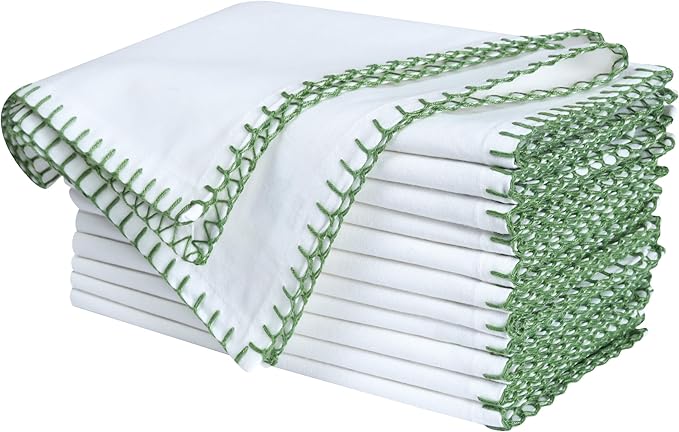 Bedding Craft Cotton Cloth Dinner Napkins Set of 12 – 18x18 Salted Lime Green Cloth Napkins with Blanket Stitch Selvedge – Durable Washable Wedding Napkins for Dining Table, Banquets & Everyday Use
