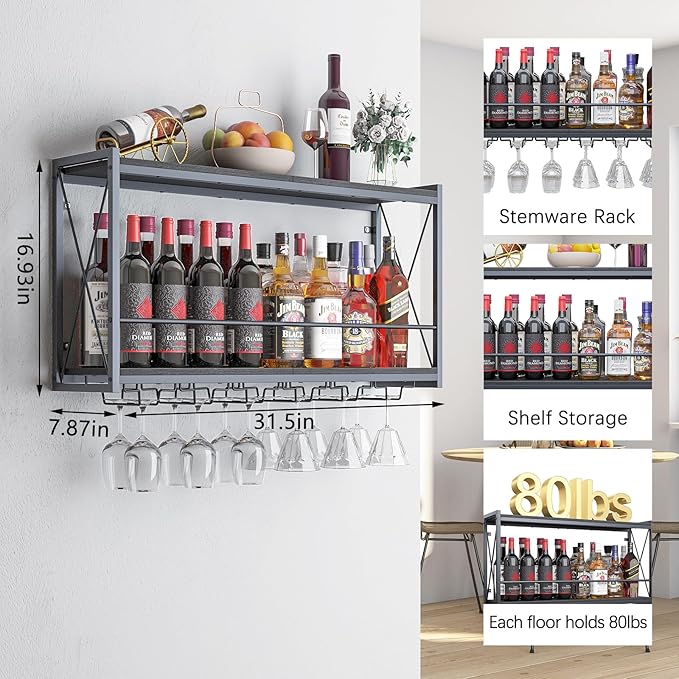 Dokser Wine Rack Wall Mounted Shelf - 2 Tier, Rustic Wood & Industrial Iron Frame Wine Bottle Holder for Kitchen, Dining Room, Home Bar Decor (Black)