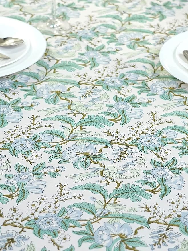 Ridhi Sage and Russian Green Hand Block Print Cotton Rectangle Tablecloth 190 x 72 inch-Reusable Table Cover Decorative Everyday Use for Dining Room, Farmhouse, Thanksgiving, Christmas Wedding, Fall