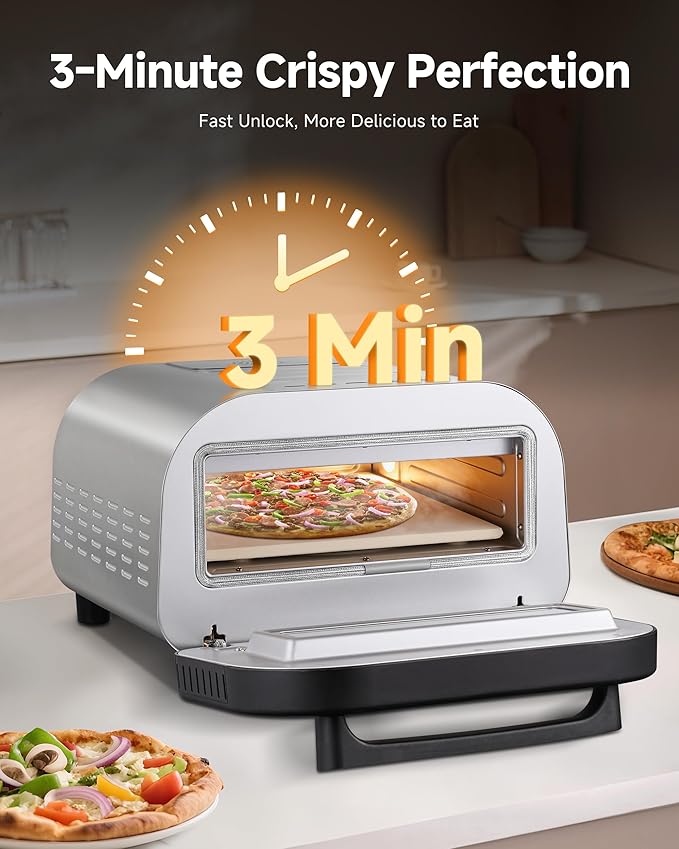 Upgraded indoor Pizza Oven 12 Inch Electric Countertop Pizza Oven with 6 Mode Heats up to 840°F Pizza Maker Pizza Cooker for Home Kitchen, Restaurants, Parties - Stainless Steel