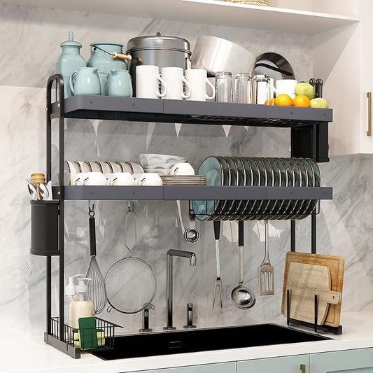 MAJALiS Over Sink Dish Drying Rack, Stainless Steel 2 Tier Large Dish Drainer Above Sink Adjustable 27.5" - 34.6", Expandable Kitchen Counter Organizer Storage Shelf with 6 Hooks