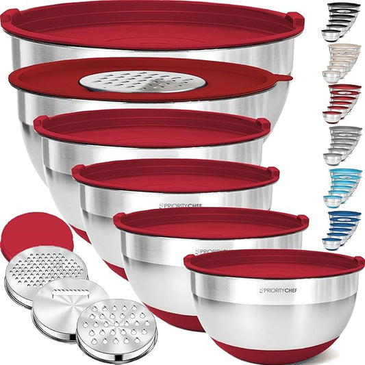 Priority Chef 6Pc Large Mixing Bowls With Lids Set with Non-Slip Bases, Stainless Steel Mixing Bowl Set, 6 Airtight Lids and 3 Graters, Red