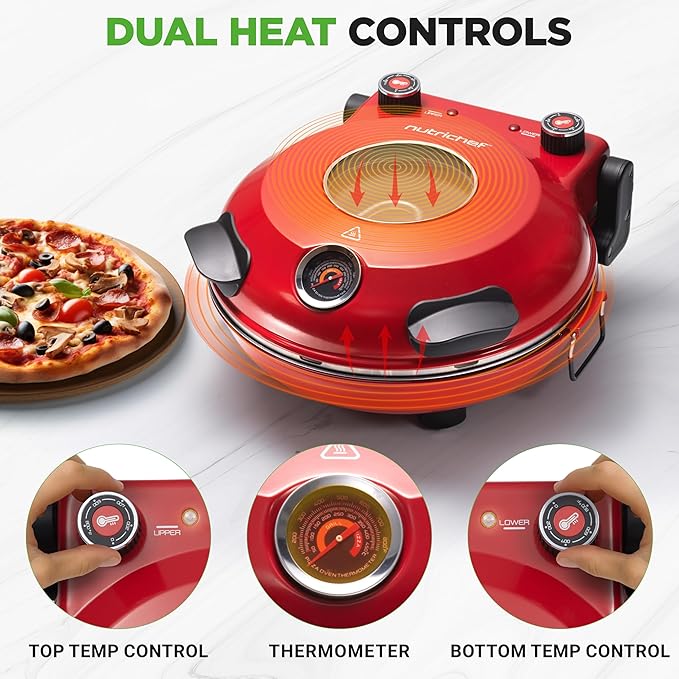NutriChef Electric Pizza Oven | 1200W Countertop Pizza Maker with Temperature Control & Thermometer | Viewing Window for Precise Cooking | Heats up to 800˚F | Easy to Clean Non-Stick Coating | Red