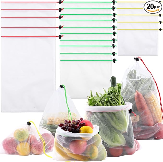 20 Pack Reusable Produce Bags,Mesh Produce Bags Washable,See-Through Vegetables Fruits Bag,Premium Strength Toy Storage Mesh Bags with Drawstring for Fruits Vegetables Fridge Storage Toys,3 Sizes