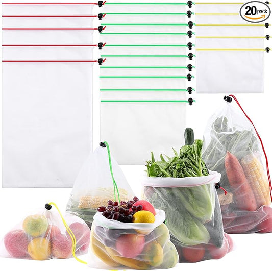 20 Pack Reusable Produce Bags,Mesh Produce Bags Washable,See-Through Vegetables Fruits Bag,Premium Strength Toy Storage Mesh Bags with Drawstring for Fruits Vegetables Fridge Storage Toys,3 Sizes