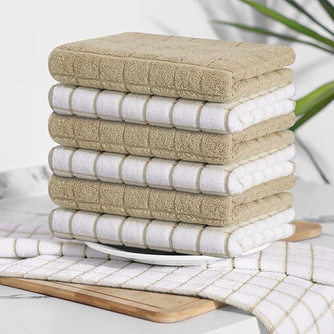Homaxy Premium Cotton Kitchen Towels 16"x 28", Large Natural Ring Spun 390 GSM Dish Towels, Super Absorbent Terry Kitchen Hand Towels, Soft Tea Towel with Hanging Loop, Tan Check Design, 8 Pack