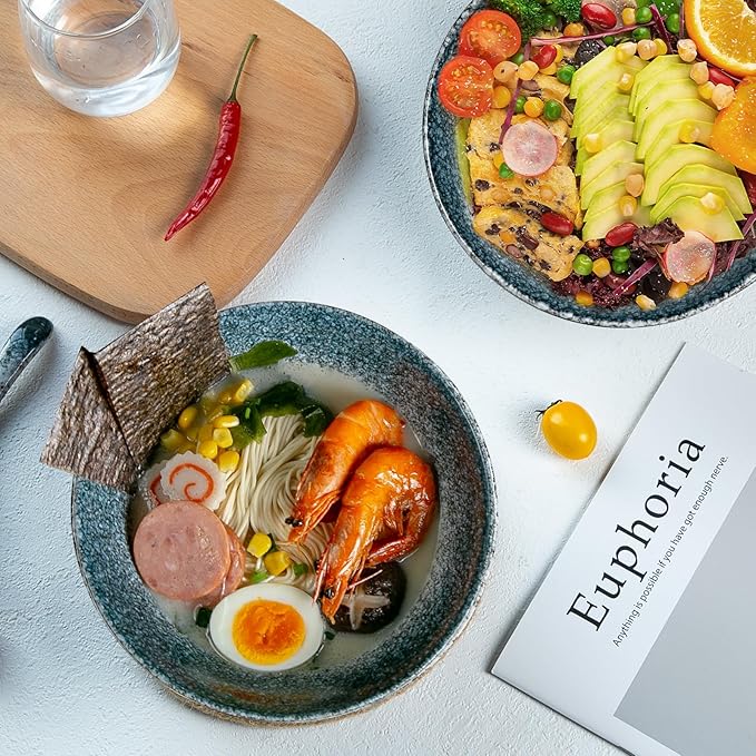 34 oz Ceramic Ramen Bowl Set of 2, Ramen Noodle Bowl with Spoons and Chopsticks 8 Inch (Stone)