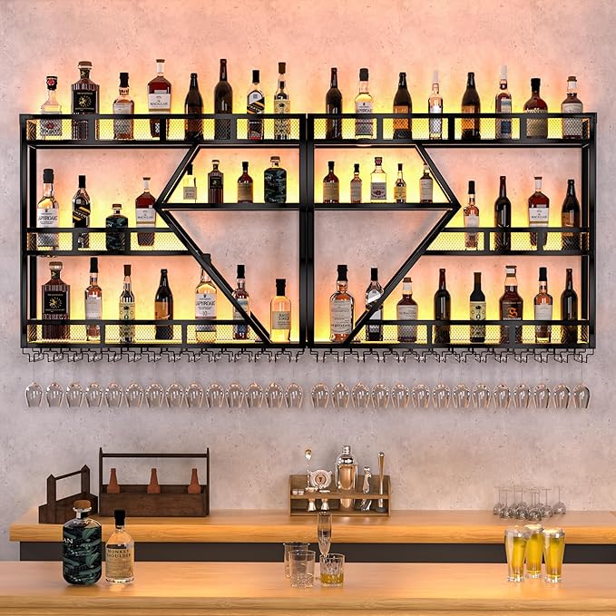 79 Inch Metal Wine Rack Wall Mounted with LED Light, Large Capacity Hanging Wine Bottles Display Shelf with Glasses Holder, for Home Bar Kitchen, Living Room