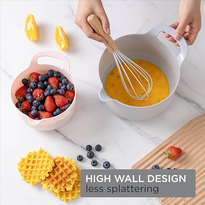 COOK WITH COLOR Nesting Plastic Mixing Bowl Set with Pour Spouts and Handles, Pink, 4 Piece Non-Slip