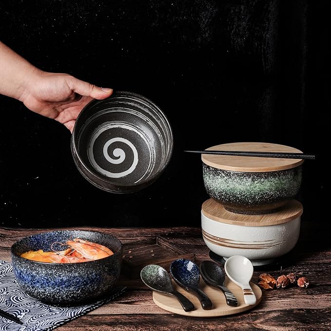 38 OZ Large Ceramic Ramen Bowls 2 Sets(8 Piece)， Japanese ramen bowls, soup bowl, noodle bowls with Spoons and Chopsticks For Salad, Rice, Noodles, Microwave & Dishwasher Safe (Ramen bowl 2 sets)