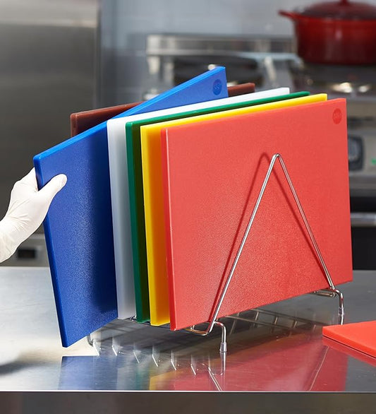 CURTA 6-Piece NSF 18" x 12" x 1/2" Multi-Colored Flexible Cutting Board Kit with Stainless steel Storage Rack, Color Coded Plastic Chopping Board with Anti Slip Surface Dishwasher Safe