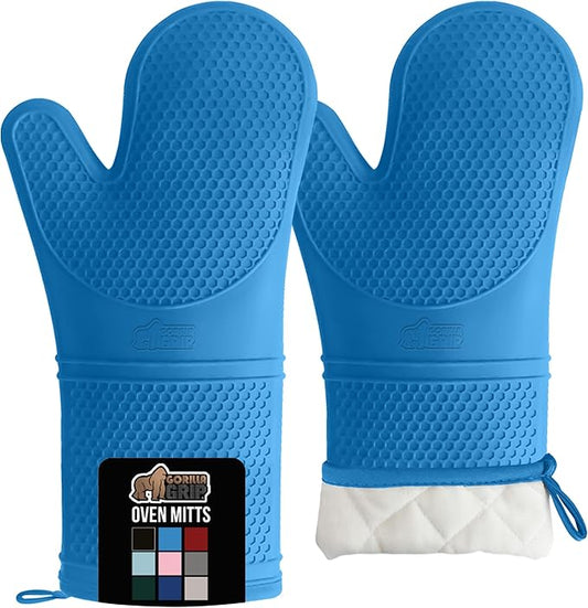 GORILLA GRIP BPA-Free Soft Silicone Oven Mitts, 14.5x8.3, Heat Resistant and Waterproof Cooking Gloves, Thick Cotton Lining, Flexible Gripping for Baking Grilling, Kitchen Potholders Set of 2, Aqua