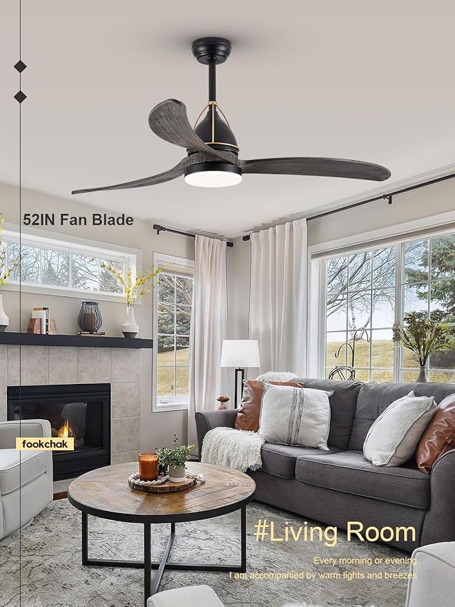 52in Solid Grey Wood Ceiling Fan with Lights 3-Blade Farmhoouse Black Ceiling Fans Outdoor Patio Ceiling Fan Modern Kitchen Fan Light with Remote Control for Bedroom Living Room