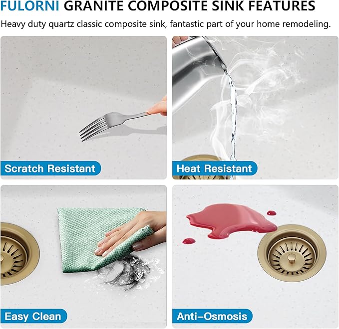 21"x18" Undermount Wet Bar Sink Workstation - White Granite Composite Quartz Classic Single Bowl Under Counter Small Kitchen Bar Prep RV Sink Basin