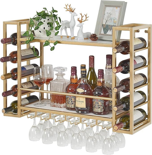 Wall Mounted Wine Rack with Glass Holder, Metal Bottle Holder Wine Storage Display Shelf for Home Bar Dining Room Kitchen (31.5 Inch, Gold)