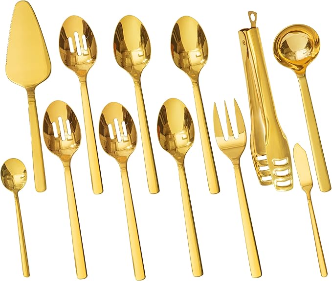 KINGSTONE Large Hostess Gold Serving Utensils Set, 18/10 Stainless Steel -10 inch Serving Spoons, Slotted Spoons, Forks, Tongs, Cake Pie Server, Butter Knife, Sugar spoon for Buffet, Wedding, Party