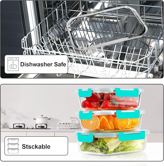 VERONES 10Pack Glass Meal Prep Containers, Airtight Glass Lunch Containers,Stackable Glass Food Storage Containers Set with Lids,Exclusive of BPA, for Microwave,Oven, Freezer&Dishwasher Friendly,Green
