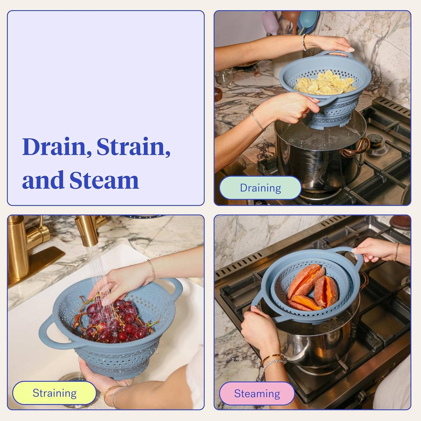 GIR Collapsible Colander for Kitchen – Space-Saving Strainer & Steamer – BPA-Free, Heat-Resistant, Dishwasher Safe Kitchen Strainer with Stainless Steel Rim – Durable Collapsible Colander - Slate