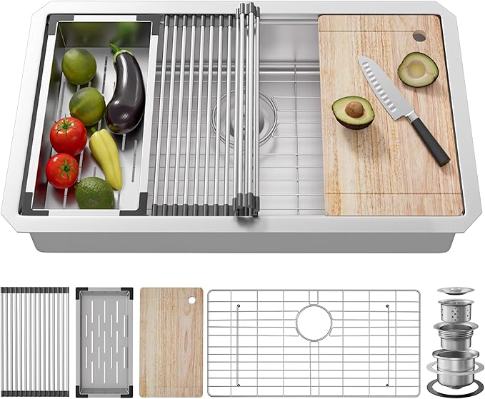 33 Undermount Kitchen Sink, 33x19 Stainless Steel Sinks 16 Gauge Deep Single Bowl Workstation，Under Counter Kitchen Sink with Built-in Accessories
