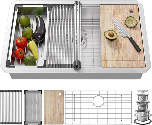 33 Undermount Kitchen Sink, 33x19 Stainless Steel Sinks 16 Gauge Deep Single Bowl Workstation，Under Counter Kitchen Sink with Built-in Accessories