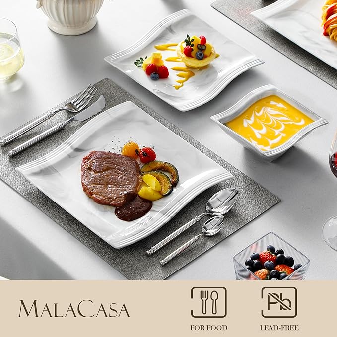 MALACASA Square Dinnerware Sets, 26-Piece Marble Grey Plates and Bowls Sets, Porcelain Dinner Set Microwave Safe, Kitchen Dinnerware Plates Set, Dishes and Bowls, Dish Set for 6, Series Flora