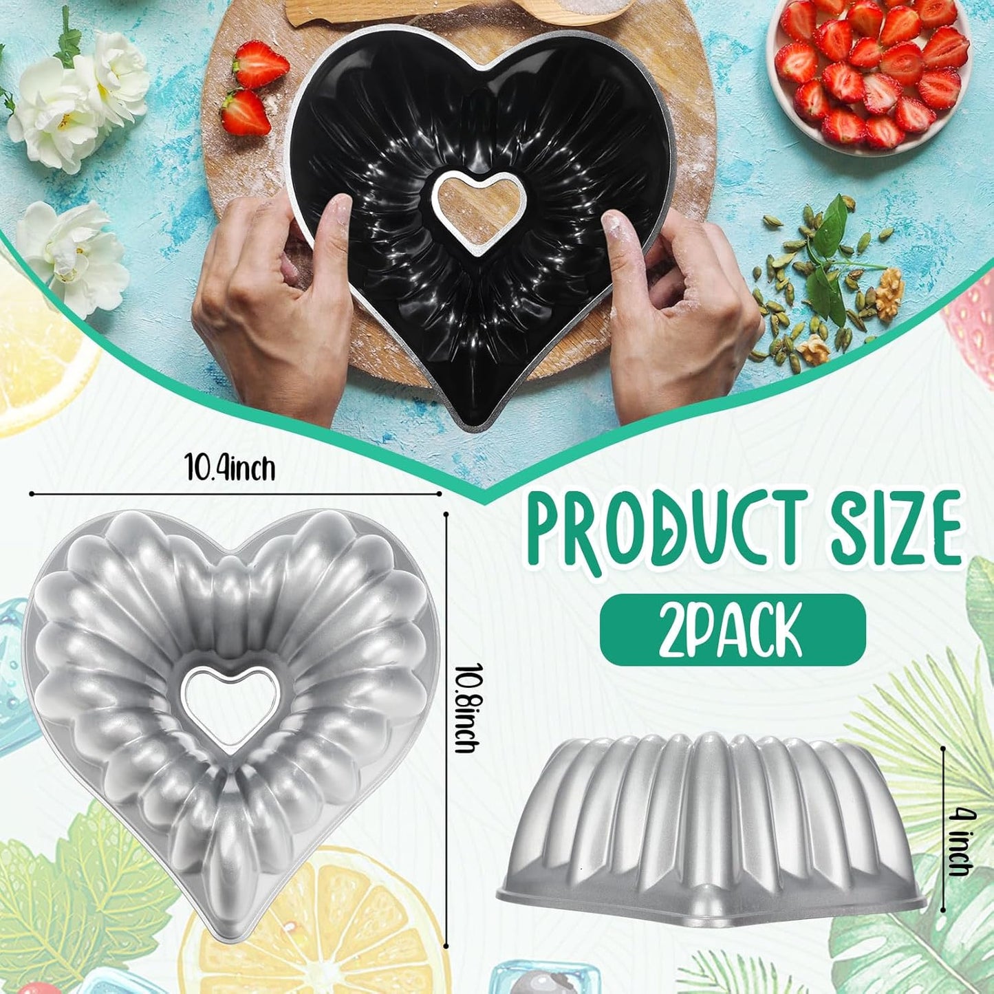 Layhit 2 Pcs 10 Inches Heart Shaped Fluted Cake Pan Aluminum Heart Cake pan Non Stick Oven Baking Mold for Birthday Wedding Family Party Kitchen Accessories (Silver)