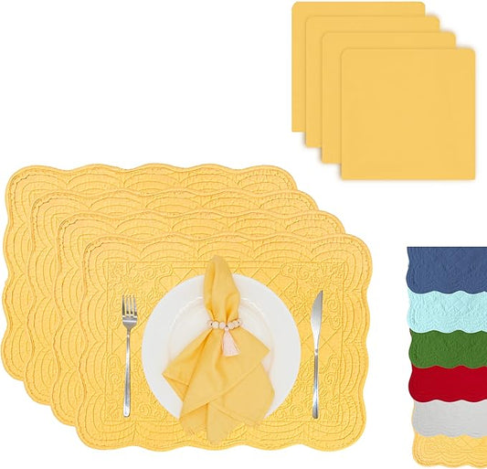 Quilted Placemats Set of 4 with Matching Cotton Napkins – 4 Piece Table Mats & 4 Cloth Napkins – 100% Cotton Table Linen Set for Everyday & Holiday Dining (4, Yellow)