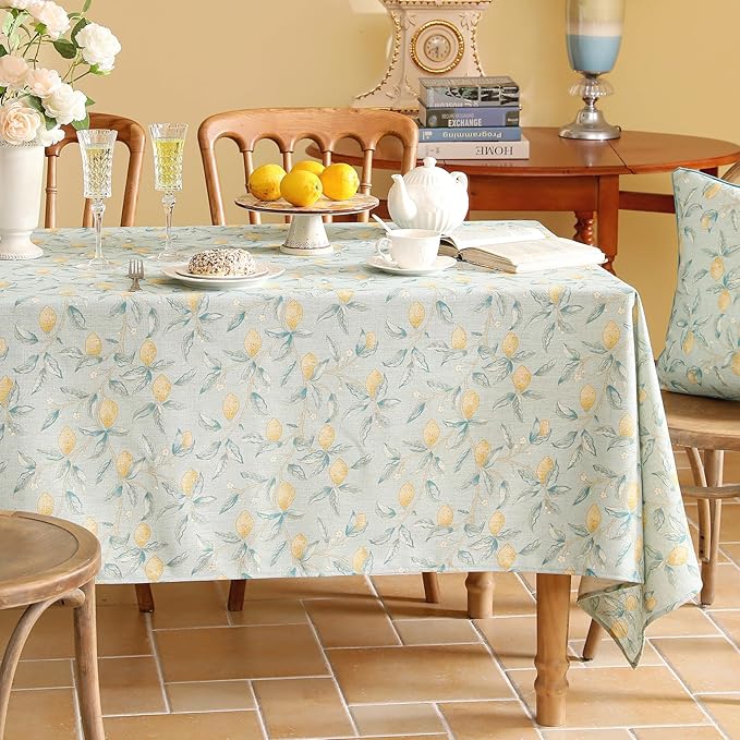 patdrea Designer Green Tablecloth for Rectangle Tables,Vintage Linen with Yellow Fruits Pattern Tablecloths,Cottage Rustic Table Cover Cloth Decor for Kitchen Dining Christmas,63"*94"