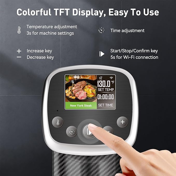 KitchenBoss Wifi Sous Vide Cooker: Sous Vide Machine Ultra-quiet 1100W Precision Cooking Machine Built-in TFT Recipes, IPX7 Waterproof Immersion Circulator Precise Temperature Control, Carbon Black