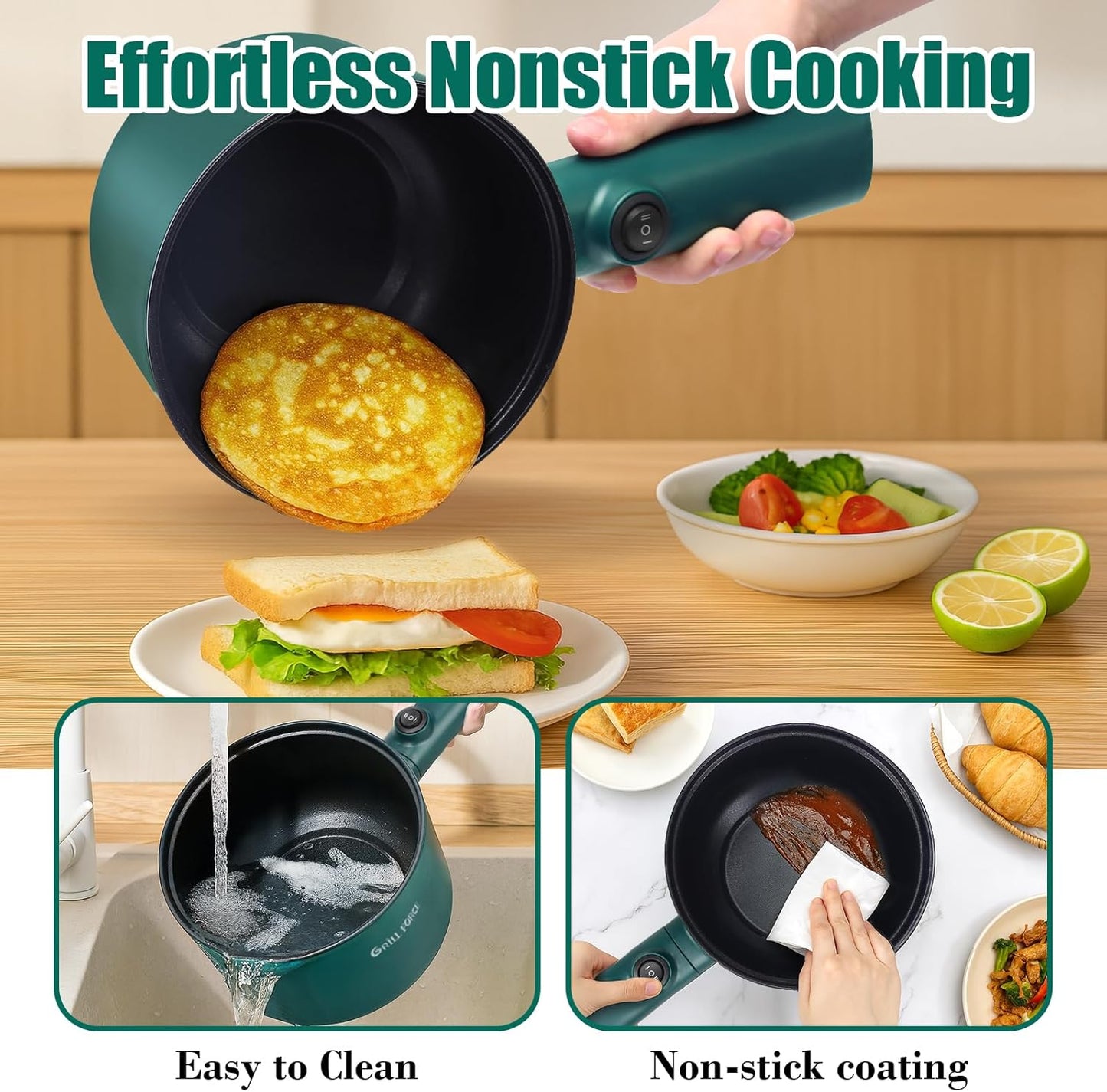 Hot Pot Electric, 1.8L Ramen Cooker, Portable Cooker, Non-Stick Frying Pan, Electric Pot for Pasta, Egg, Steak, Over-Heating Protection, Dual Power Control, Suit Dorm Room, Travel,RV,Hotel