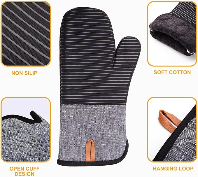 4PCS TIPTAP Oven Mitts, Kitchen Oven Mitts Set, Non Slip Cotton Oven Mitt and Pot Holders,Heat Resistant, Machine Washable,2 Long Mit and 2 Pot Holder(Black)