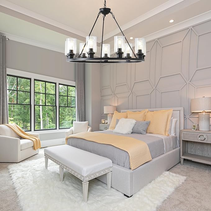 32“ Black Wagon Wheel Chandelier, 9-Light Farmhouse Glass Pendant Lights Kitchen Island Round Hanging Lighting fixtures Ceiling for Living Room, Dining Room, Kitchen Island, Entryway, Foyer