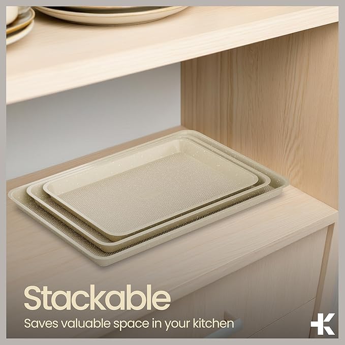 Diamond Bottom Cookie Sheet Set of 2, Nonstick White Marble Carbon Steel Baking Pans for Crisp Baking, Space-Saving Stackable Trays, PFOA, PFOS, PTFE Free, Oven Safe Up to 450°F, Small & Medium Pans